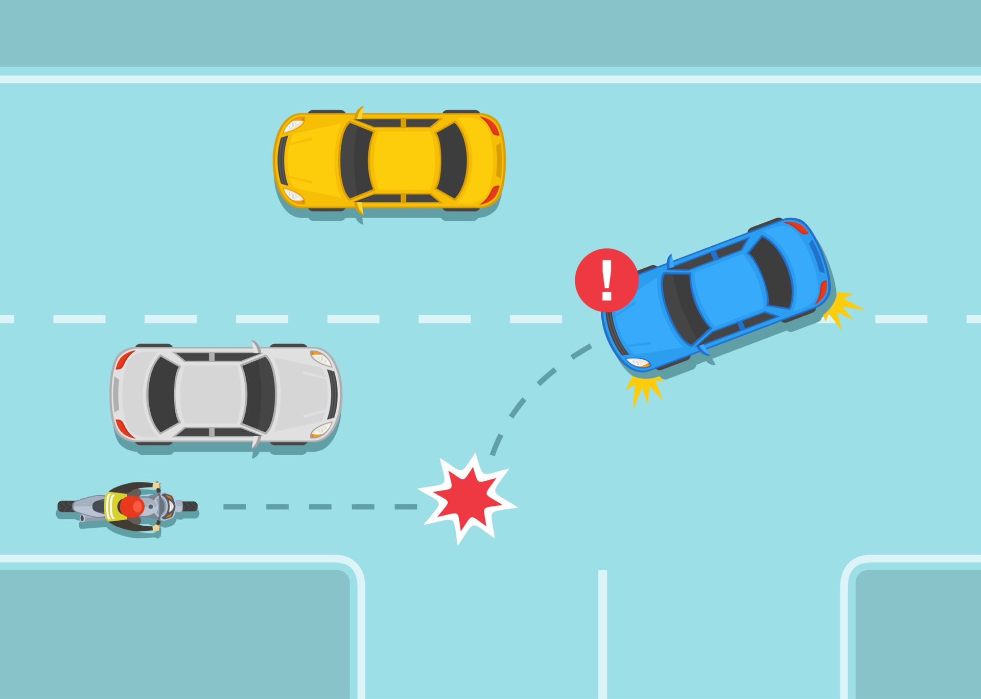 A cartoon image of a blue car making a left tun in front of a grey car and a bike