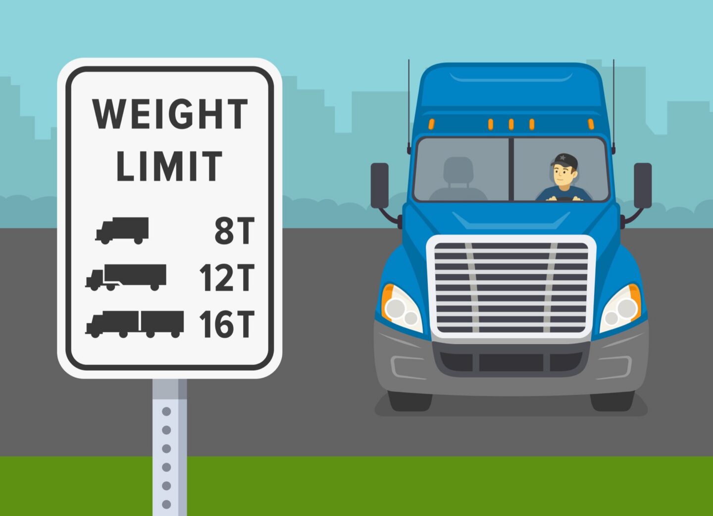 A blue cartoon like truck with weight limit sign next to it