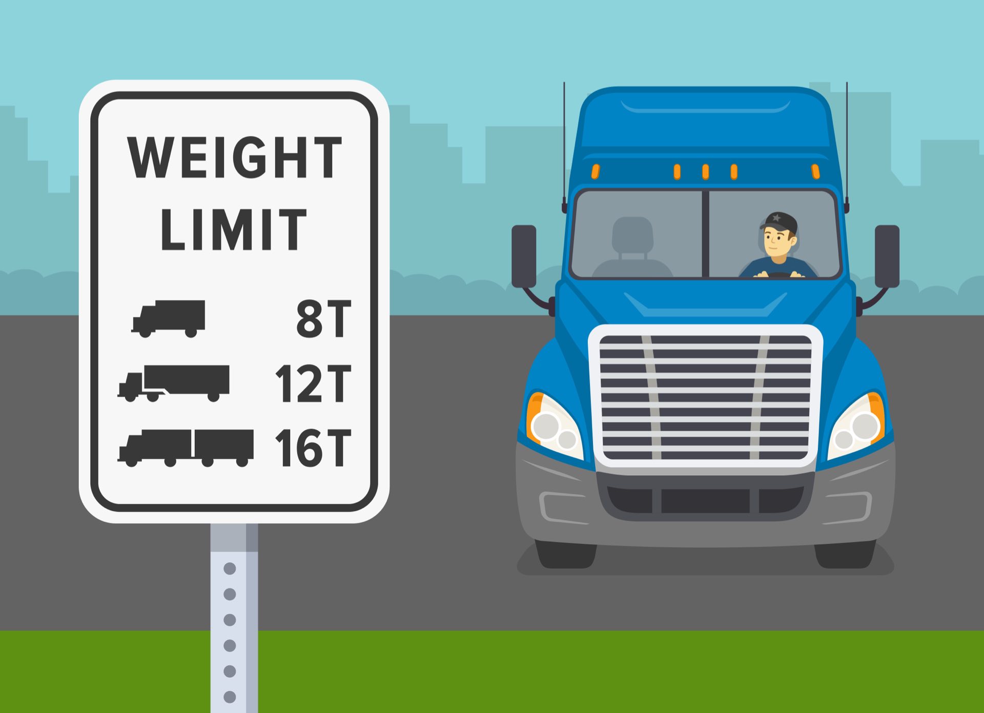 A blue cartoon like truck with weight limit sign next to it