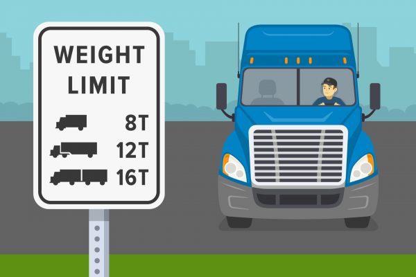 A blue cartoon like truck with weight limit sign next to it